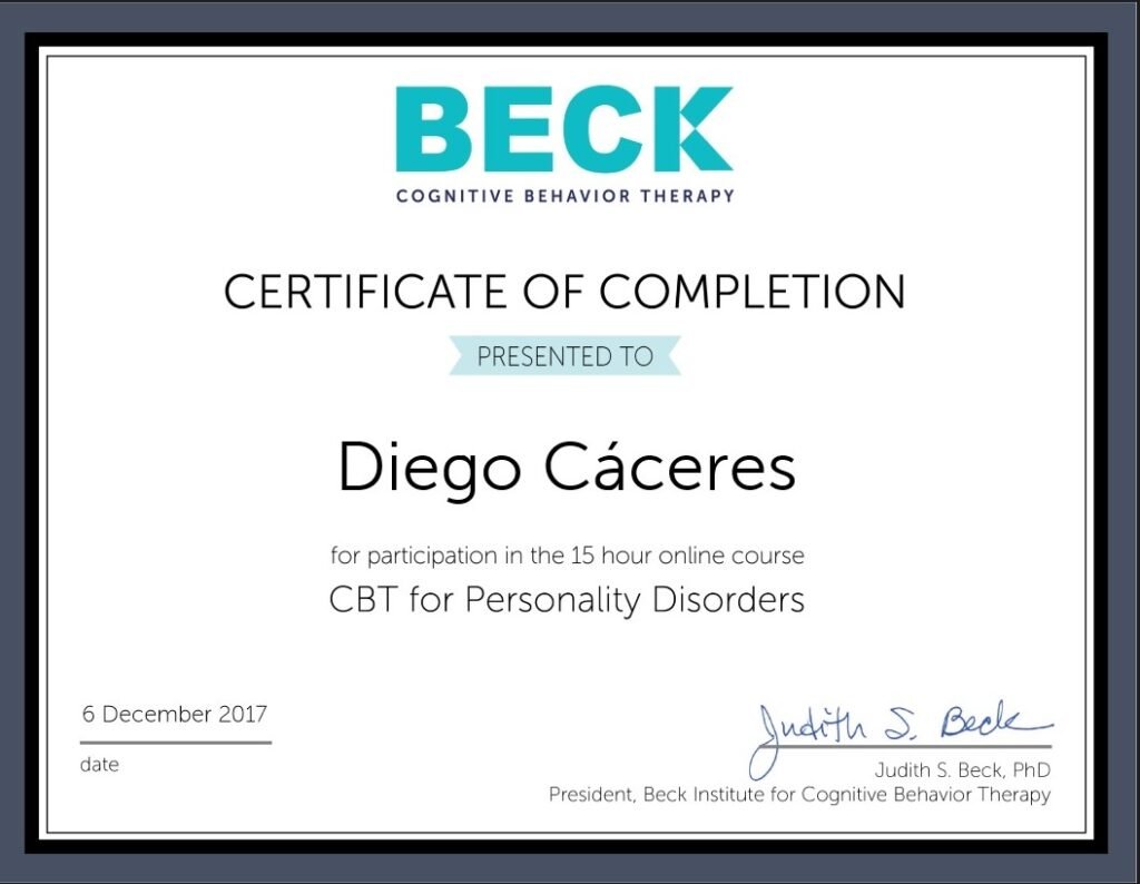 Tu Psicologo en Linea Certificado Curso Beck Institute Diego Caceres Personality