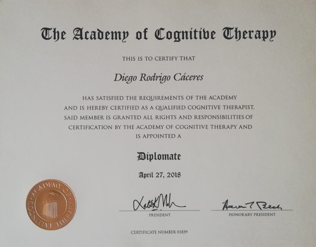 Tu Psicologo en Linea Titulo Academy of Cognitive Therapy Diego Caceres